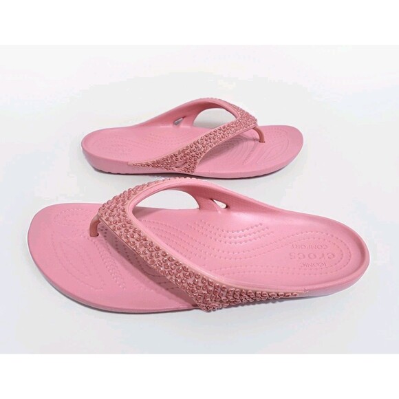 Crocs Kadee Women's 9 Embellished Gem Flip Flop Pink Sandals Thong Beach Pool - Picture 4 of 8